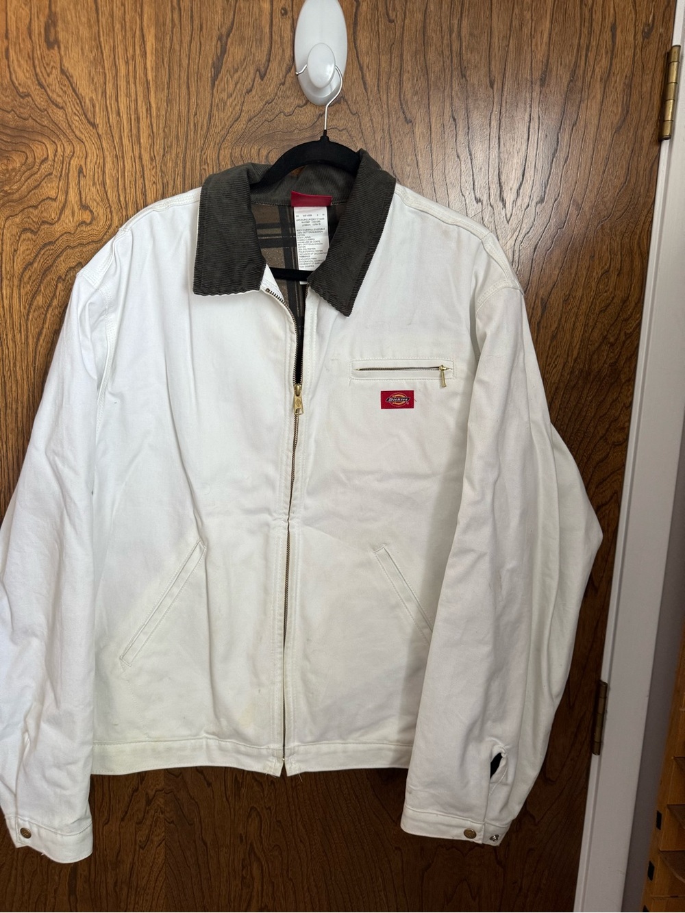 Dickies White Canvas Jacket with Dark Brown Corduroy Collar
